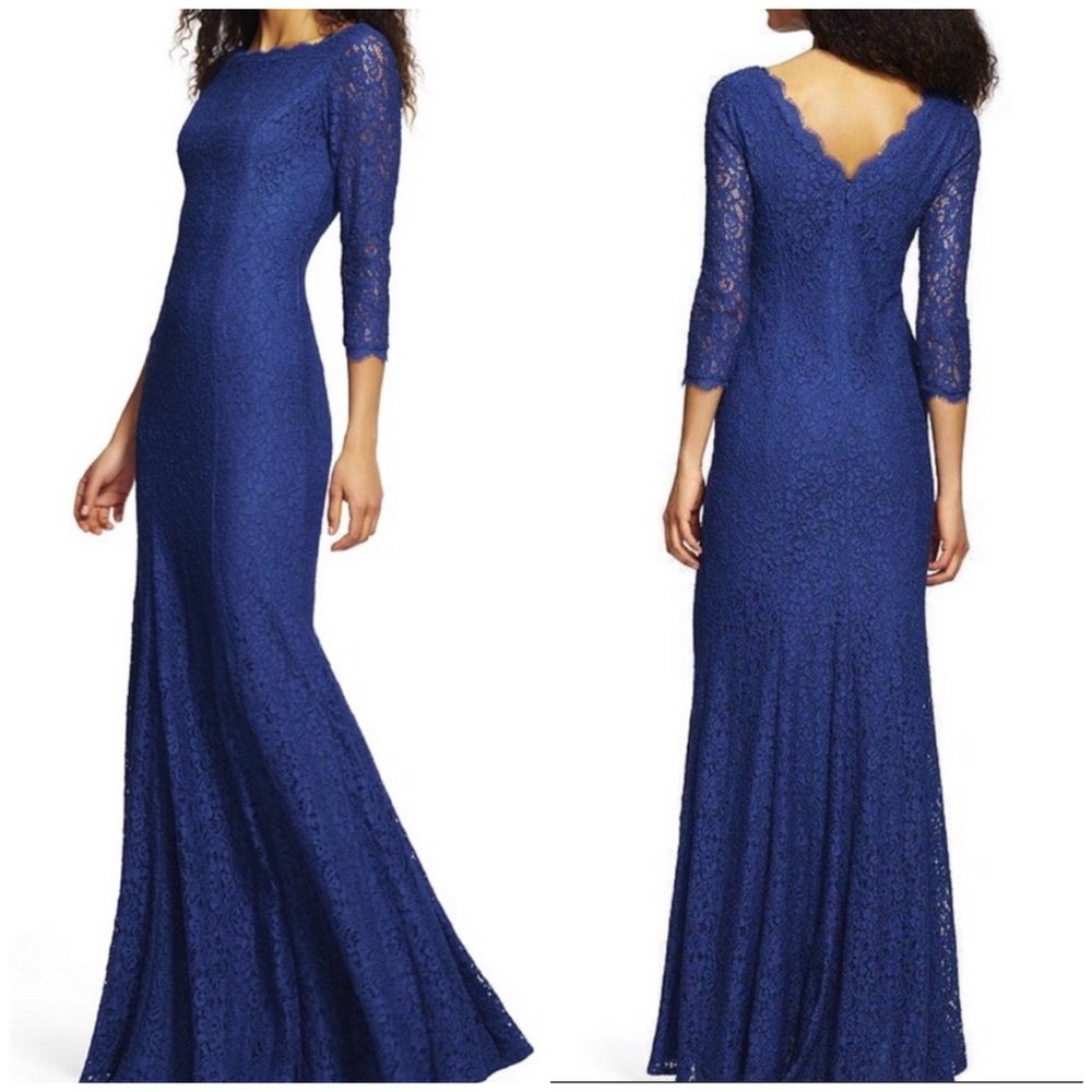 Adrianna Papell Long Blue Lace Long Sleeves Gown 6